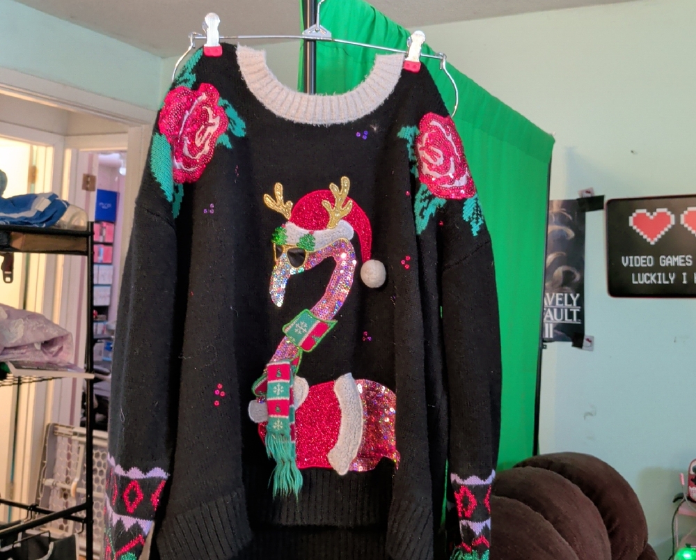 Holiday Flamingo Sweater with Reindeer Antlers